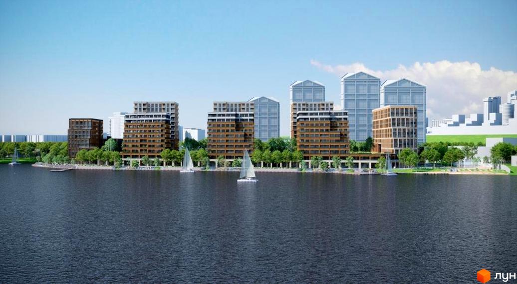 Житловий комплекс Cityisland з сучасними будівлями та озелененою набережною. На воді видно кілька вітрильних яхт.