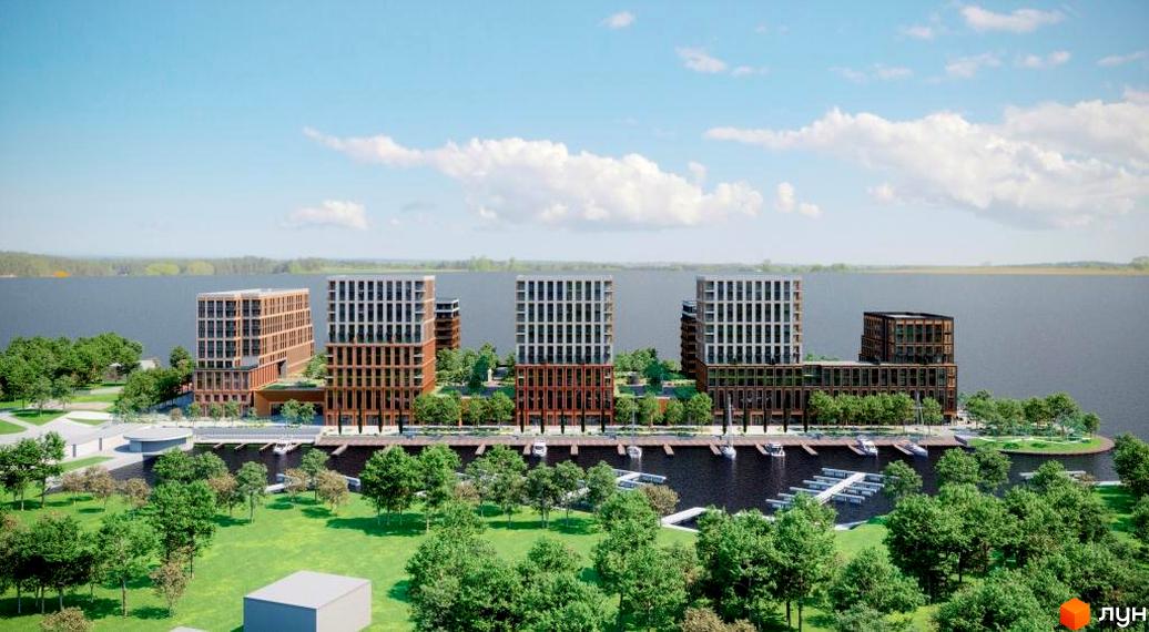 Житловий комплекс Cityisland з цегляними фасадами та великими вікнами на березі річки. На території комплексу розташовані зелені зони та причал для яхт.