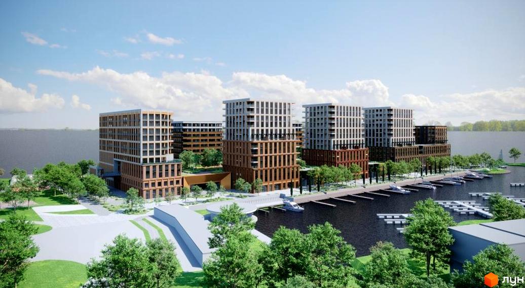 Житловий комплекс Cityisland з багатоповерховими будинками та прилеглою набережною з яхтами. На території комплексу розташовані зелені зони та пішохідні алеї.