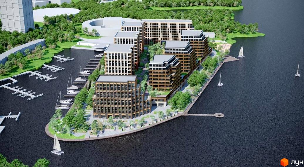 Житловий комплекс Cityisland з багатоповерховими будинками та прибудинковою територією з набережною та яхтами. Сучасна архітектура та зелені зони.