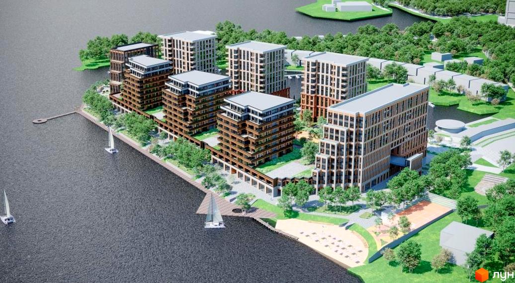 Житловий комплекс Cityisland з багатоповерховими будинками, що виходять на набережну, та зеленою прибудинковою територією з пляжем та місцями для відпочинку.