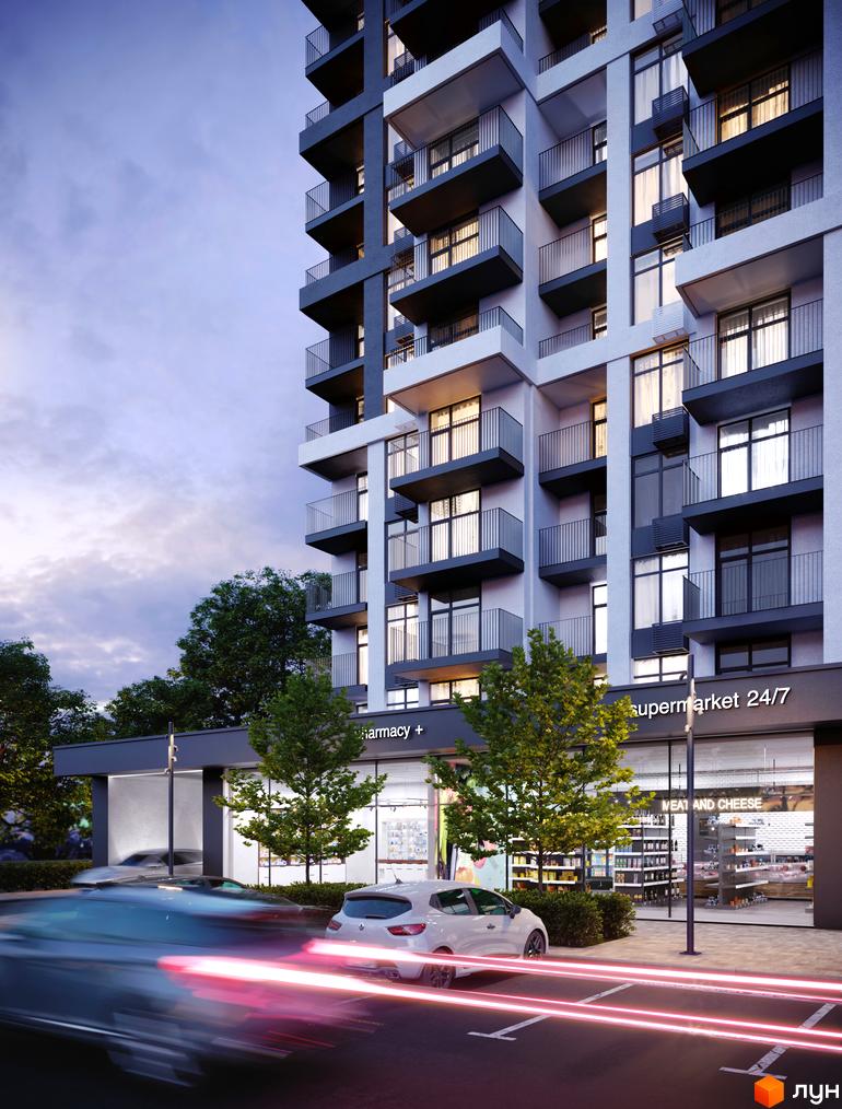 Житловий комплекс City Park. Висотна будівля з балконами та великими вікнами. На першому поверсі розташовані магазини та парковка з автомобілями.