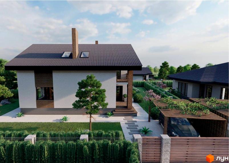 Котеджне містечко КМ Eco Land. Зовнішній вигляд будинку з цегляним фасадом та прибудинковою територією з зеленими насадженнями та навісом для авто.