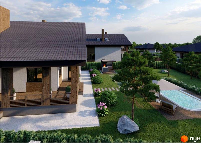 Котеджне містечко КМ Eco Land з басейном та зоною барбекю. Зовнішній вигляд будинків з дерев'яними елементами та темним дахом.