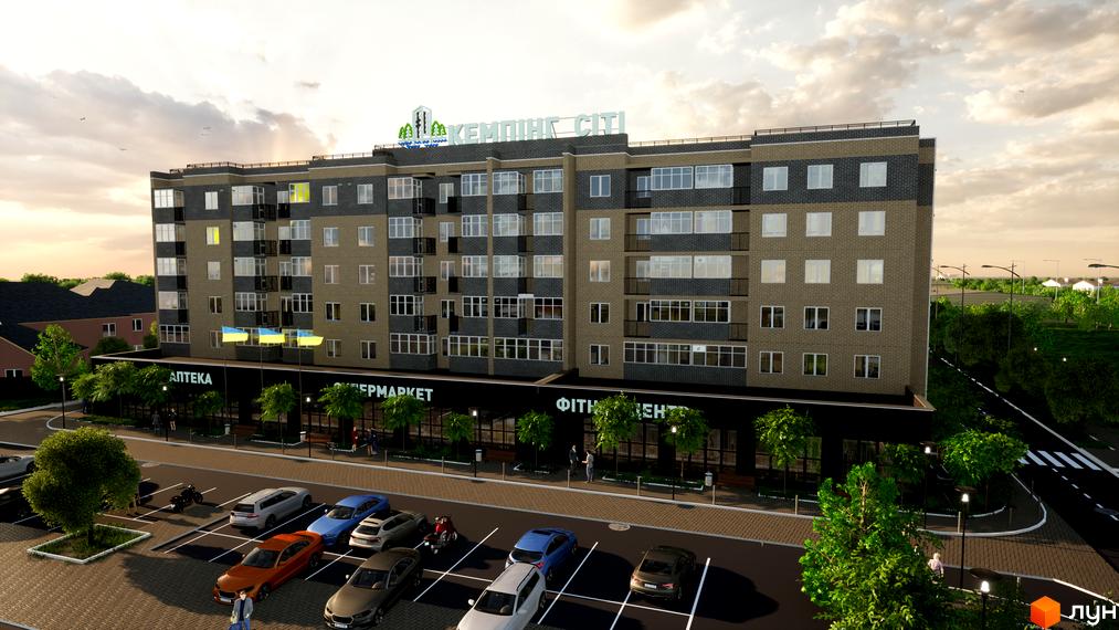 Зовнішній вигляд житлового комплексу Кемпінг Сіті з фасадом з цегли та великою кількістю вікон. На прибудинковій території розташована парковка з автомобілями та зелені насадження.