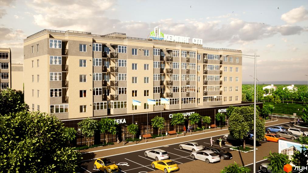 Будівельний проєкт Кемпінг Сіті з цегляним фасадом та балконами, парковка з автомобілями та зелені насадження.