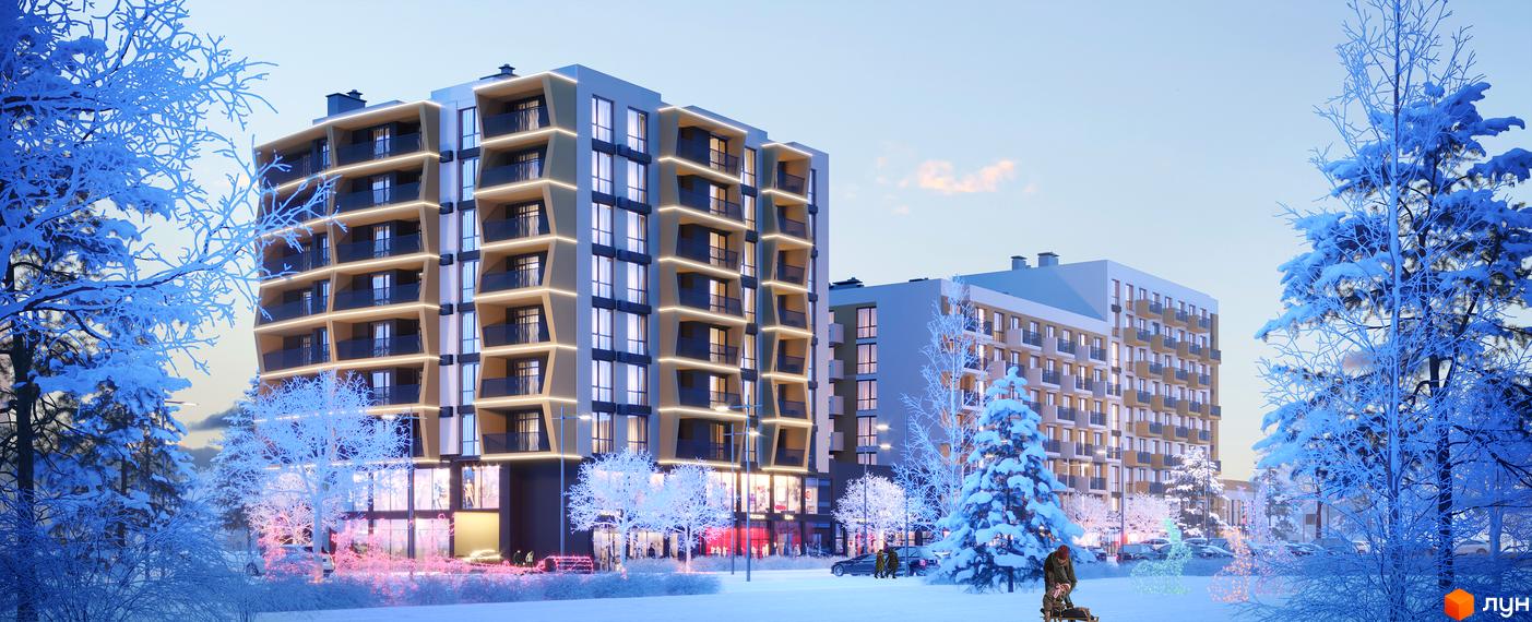 Житловий комплекс AUROOM SPARK у зимовому ландшафті з сучасними фасадами та балконами, оточений засніженими деревами та освітленням.