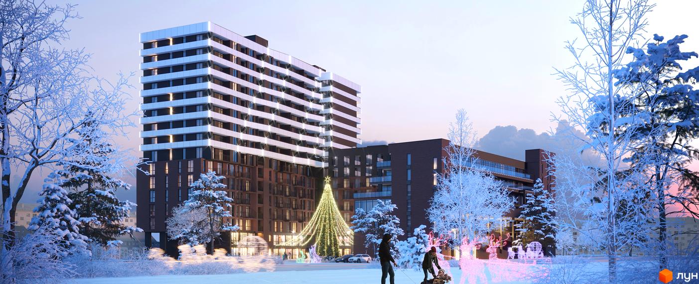 Житловий комплекс AUROOM SOLAR в зимовому пейзажі з ялинкою та людьми на санчатах. Сучасна архітектура новобудови з балконами та освітленням.