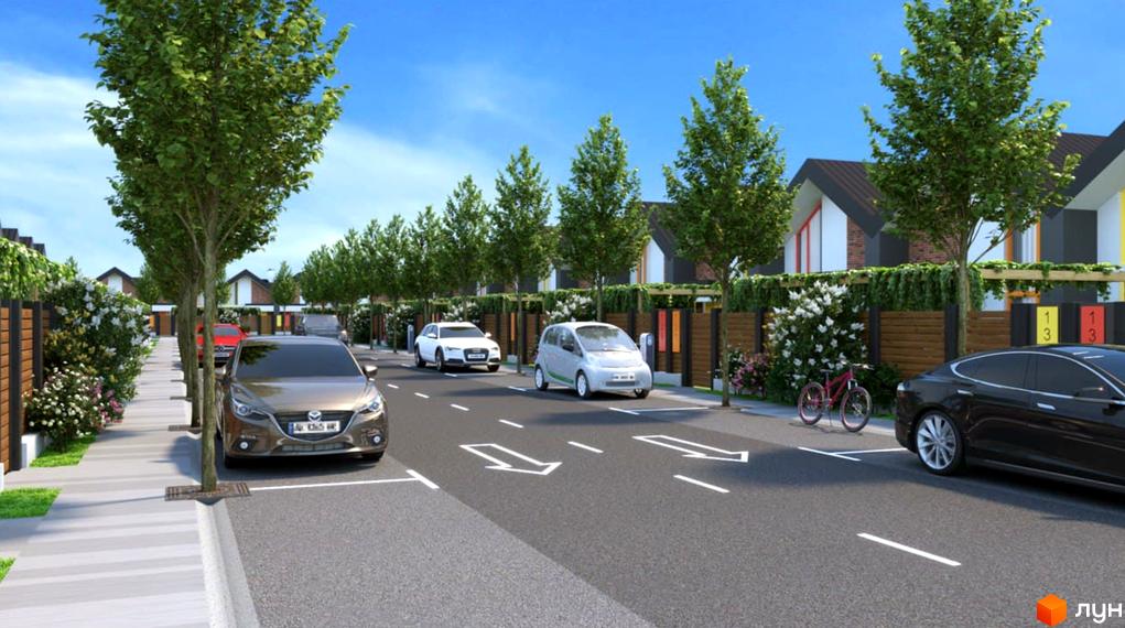 КМ Will HOUSE - котеджне містечко з сучасними будинками та доглянутою прибудинковою територією з деревами та паркуванням.