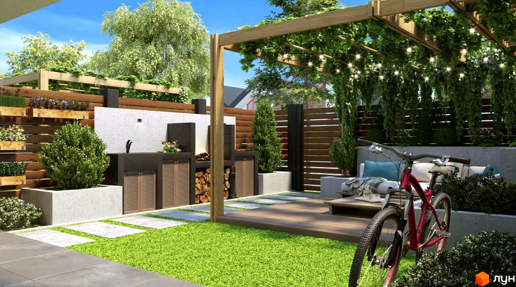 КМ Will HOUSE: затишна тераса з барбекю зоною та зоною відпочинку, оточена зеленню. Сучасний дизайн екстер'єру та ландшафтний дизайн прибудинкової території.