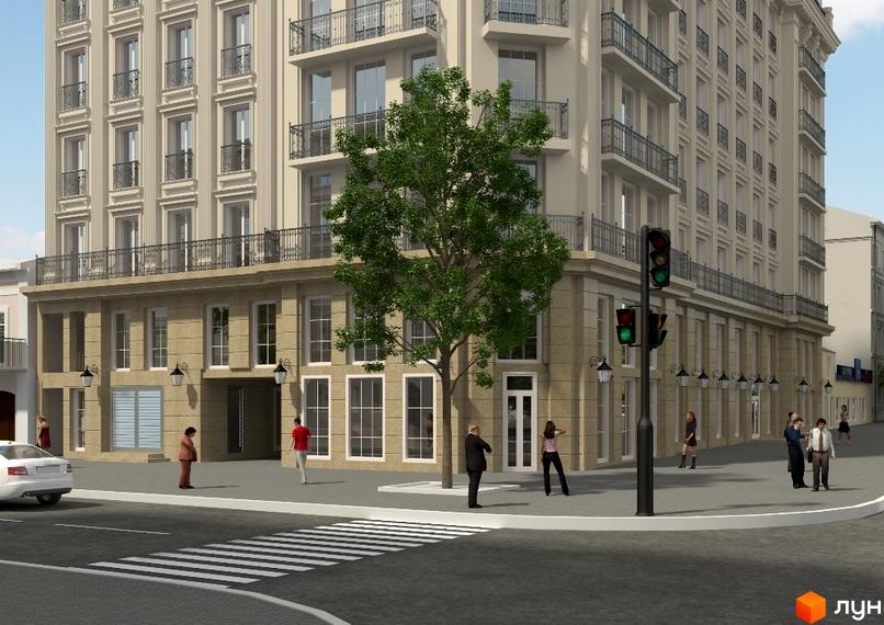 Будинок на Осипова - житловий комплекс з класичною архітектурою та затишною прибудинковою територією. Зовнішній вигляд будівлі, вікна, балкони та зелені насадження.