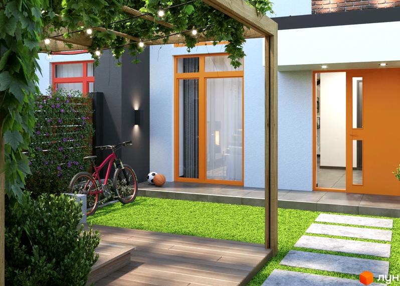 Котеджне містечко Will HOUSE: будинок зі світлими фасадами, яскравими дверима та вікнами, зелена територія з терасою.