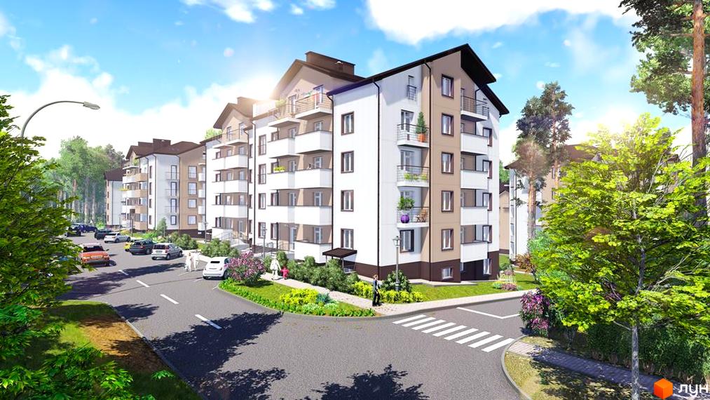 Житловий комплекс Джерело: багатоповерхові будинки біло-коричневого кольору з балконами, оточені зеленими деревами, доріжками та дорогою.