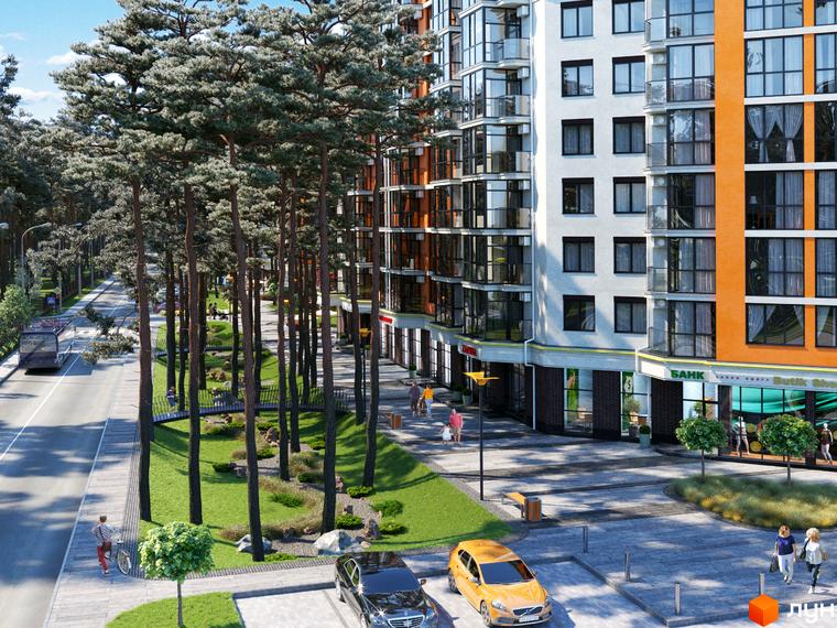Житловий комплекс На Прорізній: фасади будівель з панорамними вікнами та балконами, зелена прибудинкова територія з деревами та пішохідними доріжками.