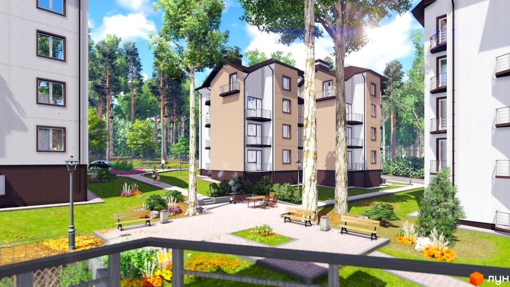 Зовнішній вигляд житлового комплексу Джерело з прибудинковою територією, зеленими насадженнями та зонами для відпочинку.