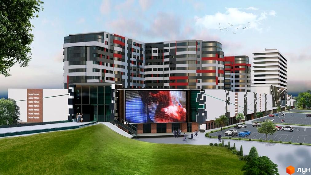 Житловий комплекс Sportcity з багатоповерховими будинками з фасадами сірого, білого та червоного кольорів. На території є парковка та зелені насадження.