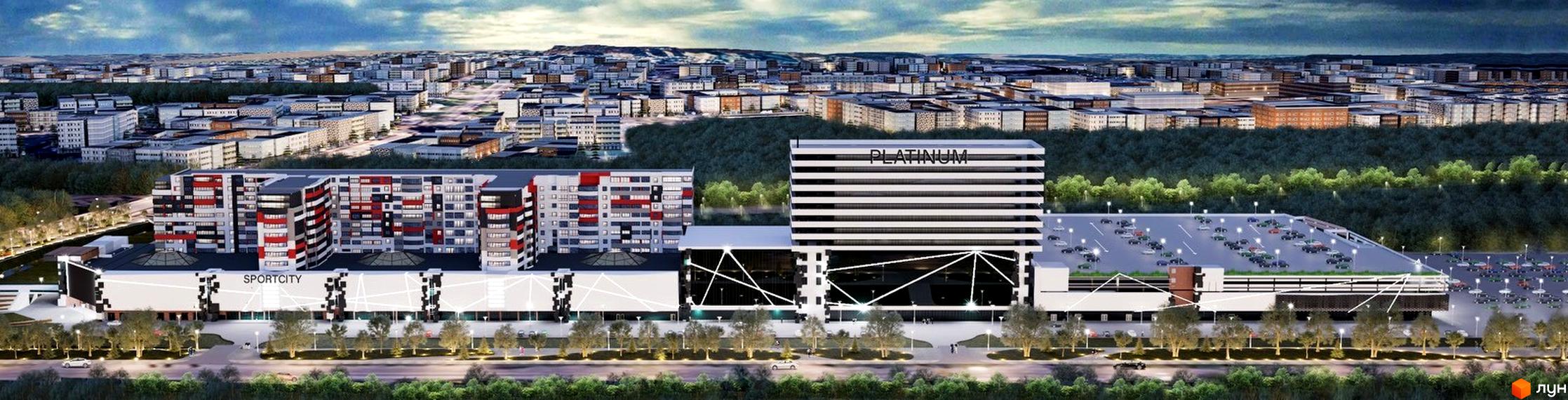 Житловий комплекс Sportcity з сучасними фасадами, паркінгом та озелененою територією. Навколишній ландшафт з будівлями та зеленню.