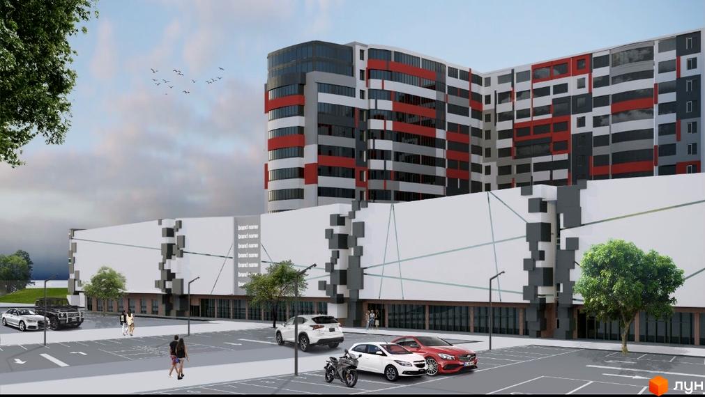 Зображення фасаду Новобудови Sportcity з парковкою та автомобілями. Висотна будівля з червоно-сірими вставками.