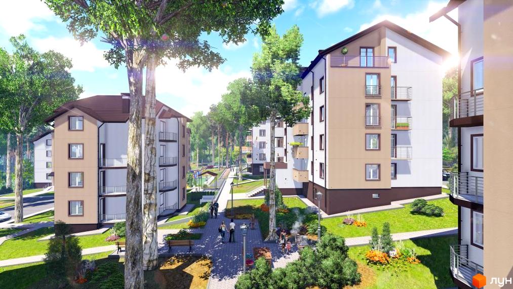 Житловий комплекс Джерело з сучасними будинками та озелененою прибудинковою територією. Доріжки для прогулянок та місця для відпочинку.