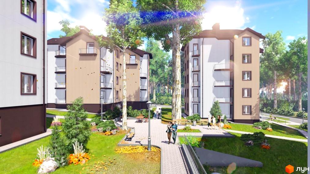 Зовнішній вигляд житлового комплексу ЖК Джерело з прибудинковою територією, зеленими насадженнями та пішохідними доріжками.