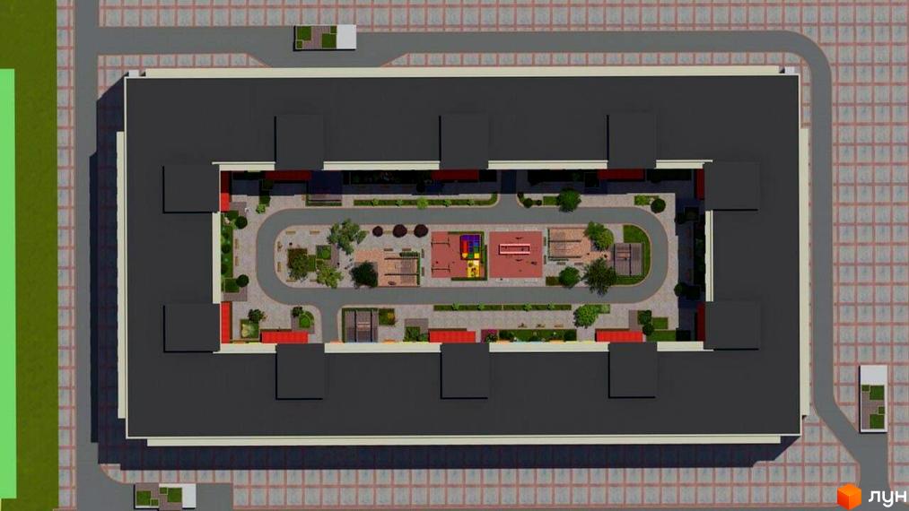 Вигляд зверху на Житловий комплекс Калейдоскоп 2 з великим внутрішнім двором та дитячим майданчиком. Навколо тротуарна плитка.