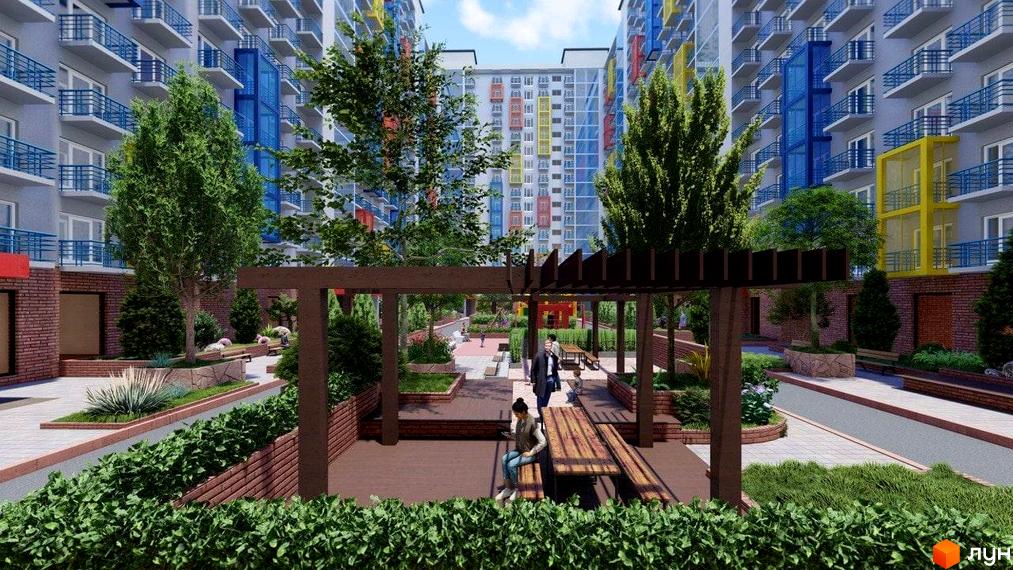 Житловий комплекс Калейдоскоп 2: багатоповерхові будинки з балконами та красивою прибудинковою територією з деревами, лавками та альтанкою.