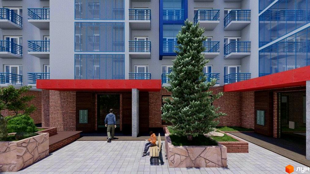 Зображення фасаду та прибудинкової території Житлового комплексу Калейдоскоп 2. Вигляд новобудови з деревами та місцем для відпочинку.