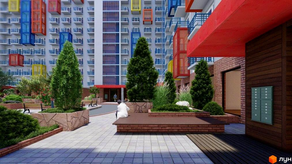 Зображення фасаду та прибудинкової території Будівельного проєкту Калейдоскоп 2. На передньому плані ландшафтний дизайн з деревами та тротуарна плитка.