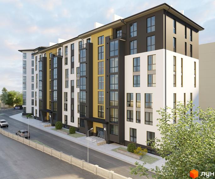 Житловий комплекс Затишний - це сучасна новобудова з яскравим фасадом та великими вікнами. Територія навколо будинку доглянута, з зеленими насадженнями та місцями для відпочинку.