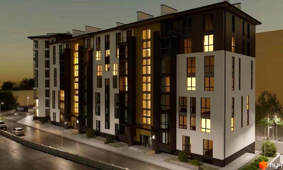 Зовнішній вигляд новобудови ЖК Затишний з підсвіченими вікнами та прибудинковою територією з дорогою та автомобілями.
