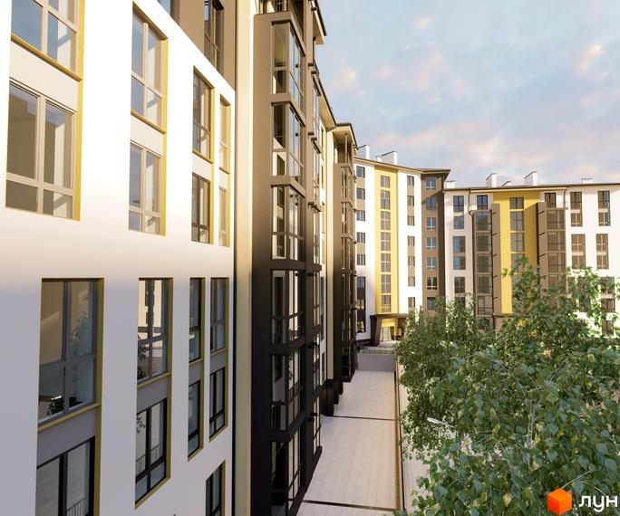 Житловий комплекс Затишний: багатоповерхові будинки з білими, сірими та жовтими фасадами, прибудинкова територія з доріжками та деревами.