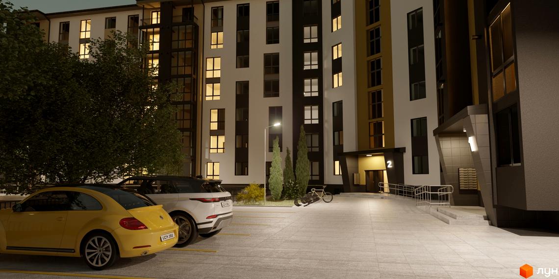 Зовнішній вигляд новобудови ЖК Затишний з автомобілями та велосипедом на прибудинковій території. Сучасна архітектура будівлі та освітлена територія.
