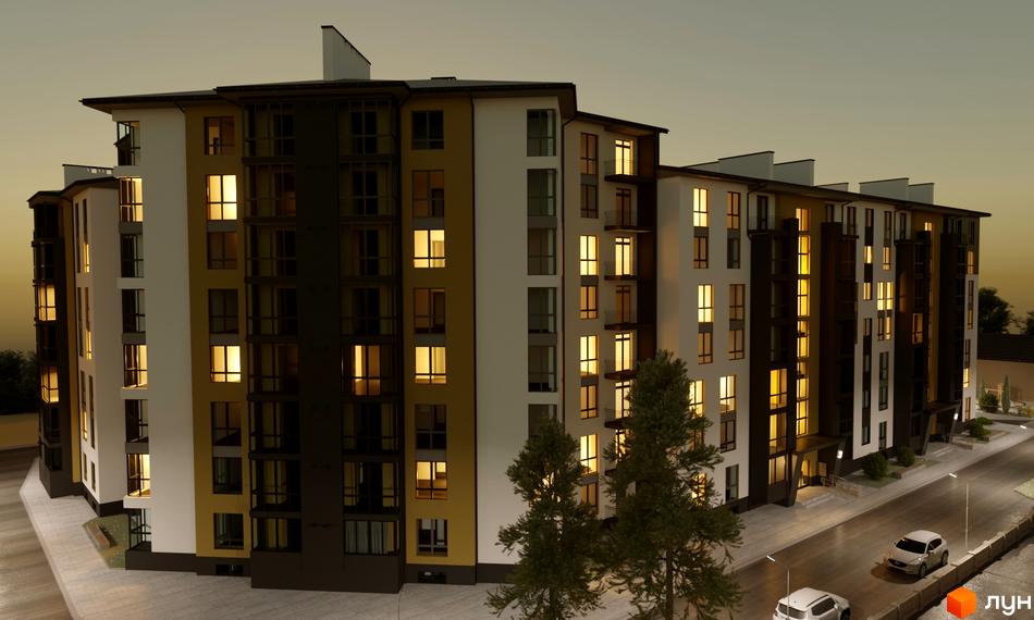 Зовнішній вигляд новобудови ЖК Затишний з підсвіченими вікнами та прибудинковою територією з дорогою та автомобілями.