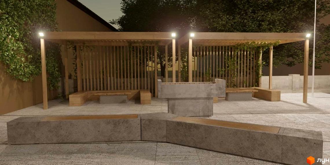 Житловий комплекс Затишний: сучасний дизайн з дерев'яними перголами та бетонними лавами. Прибудинкова територія з освітленням та зеленню.