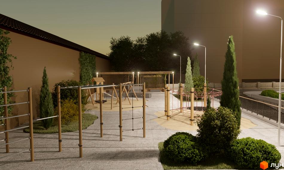 Дитячий майданчик житлового комплексу Затишний з дерев'яними елементами та зонами для відпочинку. Сучасний дизайн прибудинкової території.