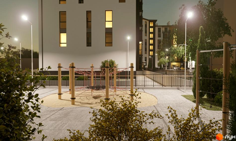 Житловий комплекс Затишний з білими та темними фасадами, освітлений ліхтарями. На прибудинковій території розташований дитячий майданчик з мотузковою сіткою.