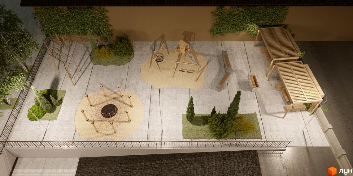 Прибудинкова територія Житлового комплексу Затишний з ігровим майданчиком, альтанками та озелененням.