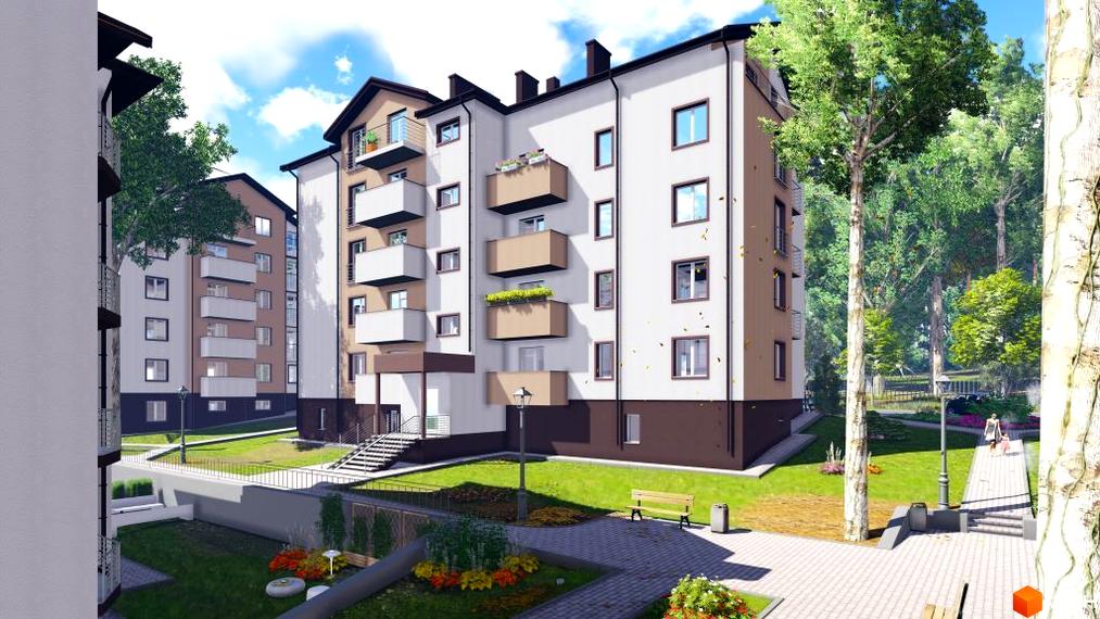 Зовнішній вигляд житлового комплексу Джерело з балконами та прибудинковою територією, озелененою газоном та квітами.