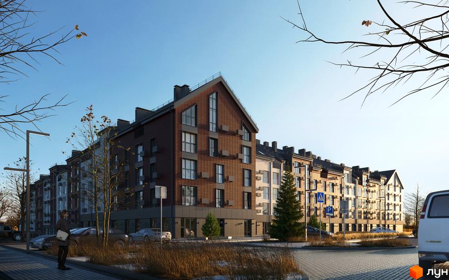 Зовнішній вигляд житлового комплексу Амстердам з цегляним фасадом та парковкою. Навколо будівель розташовані дерева та облаштована прибудинкова територія.