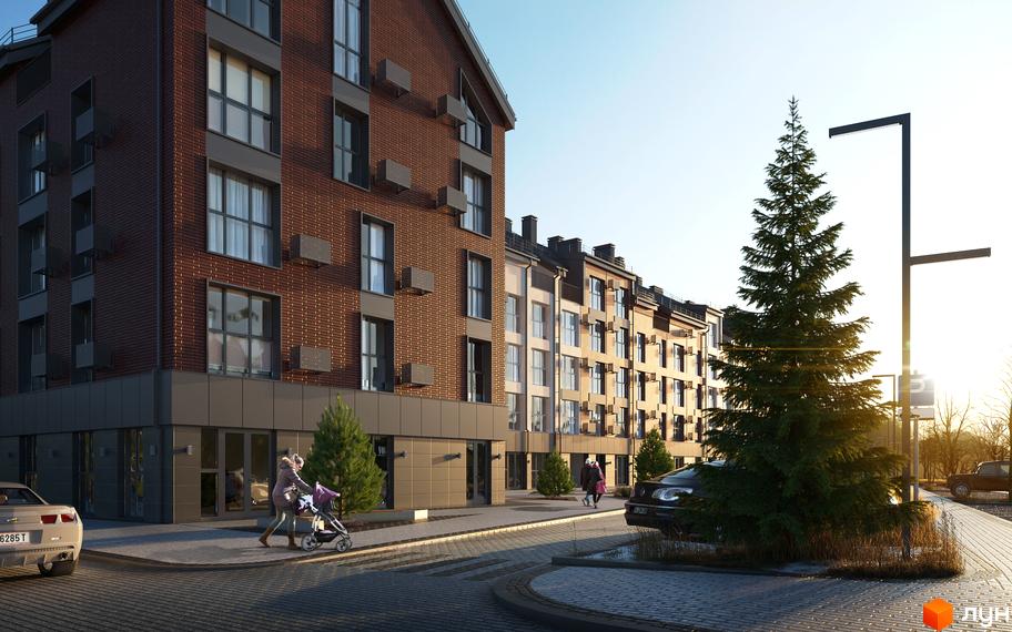 Житловий комплекс Амстердам: цегляні фасади, панорамні вікна та зелена прибудинкова територія з деревами та пішохідними доріжками.