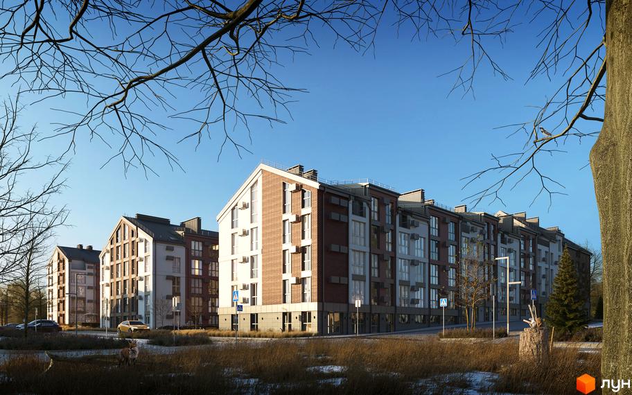 Житловий комплекс Амстердам - фасади будинків з цегли та білої штукатурки, вікна, кондиціонери, прибудинкова територія з деревами та дорогою.