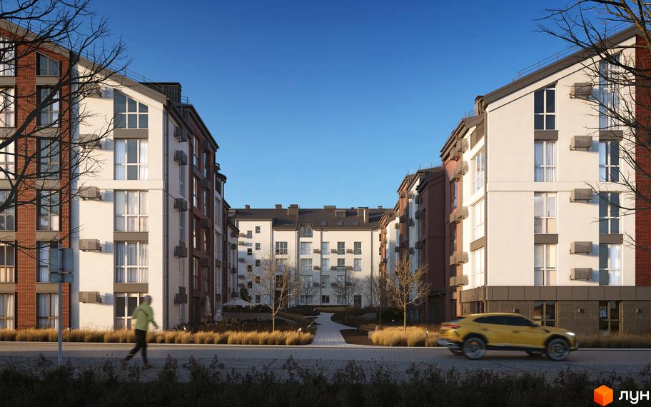 Житловий комплекс Амстердам з білими та цегляними фасадами, вікнами різних форм та прибудинковою територією з деревами та доріжками.