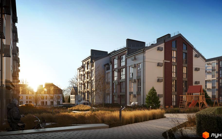 Житловий комплекс Амстердам: фасади будинків з цегляним оздобленням та великими вікнами, дитячий майданчик та зелена зона.