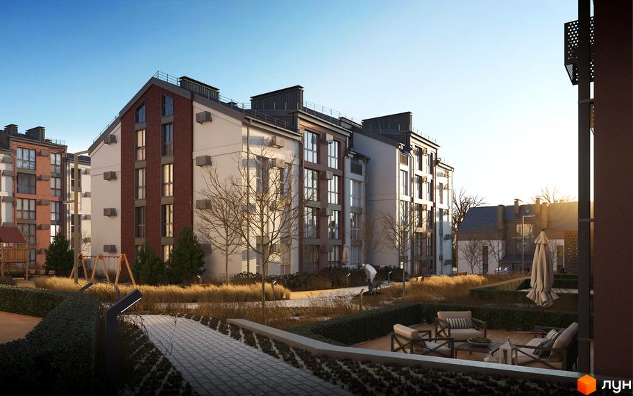 Зовнішній вигляд новобудови ЖК Амстердам з цегляними та білими фасадами та прибудинковою територією з дитячим майданчиком та зонами відпочинку.