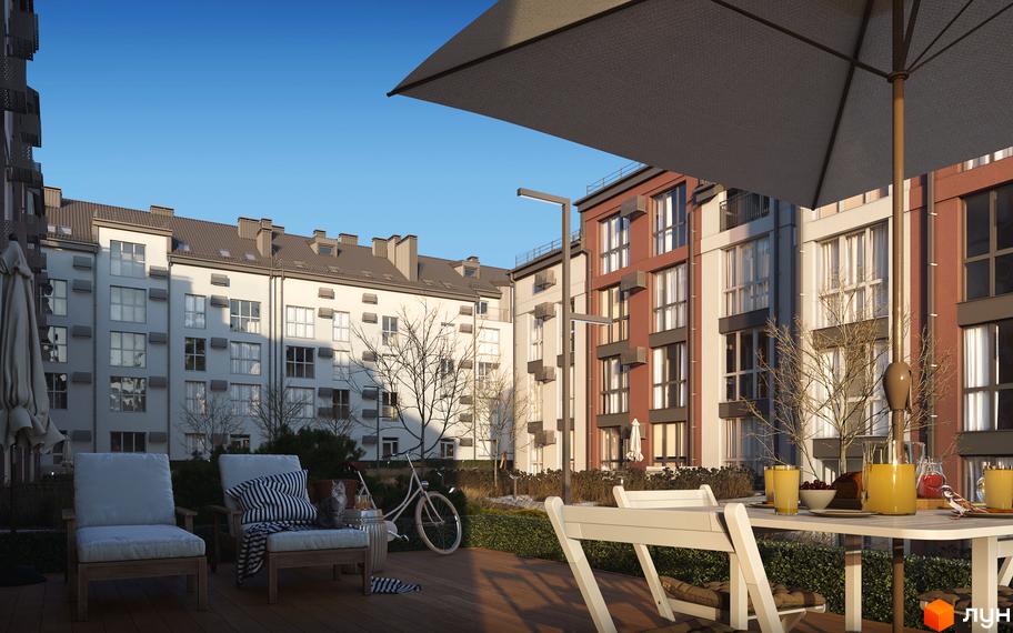 Житловий комплекс Амстердам: фасади будинків та затишна прибудинкова територія з місцями для відпочинку та велосипедом.