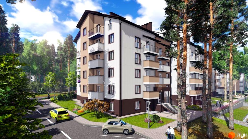 Житловий комплекс Джерело з сучасним фасадом та балконами. Прибудинкова територія озеленена деревами та квітами.