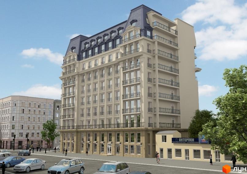 Будинок на Осипова – це новий житловий комплекс з елегантною архітектурою та балконами. Навколо будинку розташована міська вулиця з автомобілями та пішоходами.