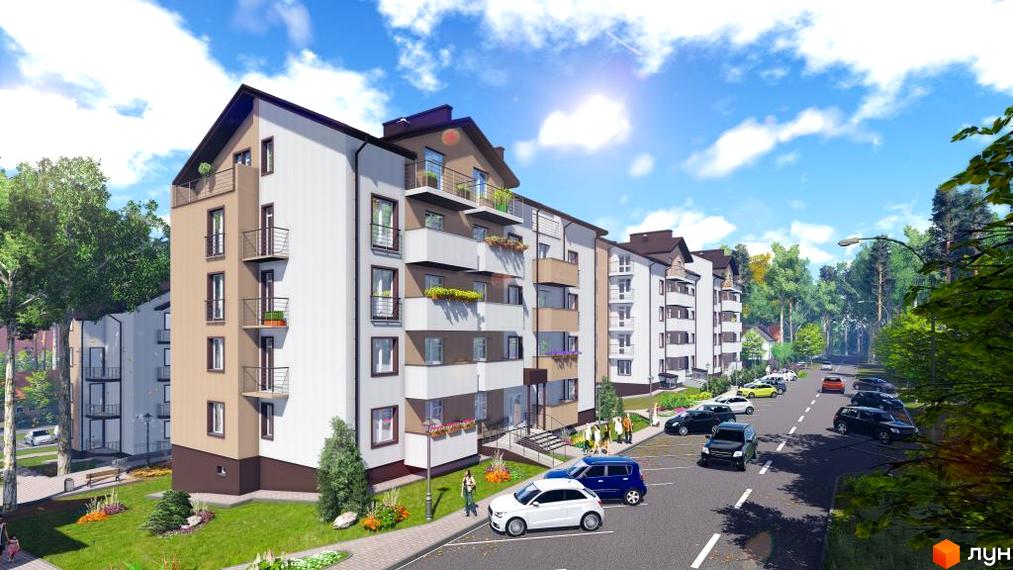 Зовнішній вигляд житлового комплексу Джерело з парковкою та зеленими насадженнями на прибудинковій території.