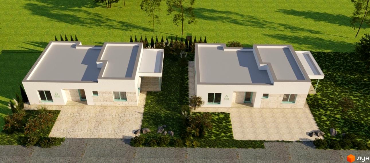 Котеджне містечко Чапаєвка: два будинки з білими фасадами та кам'яним оздобленням. Навколо зелений газон та вимощені доріжки.