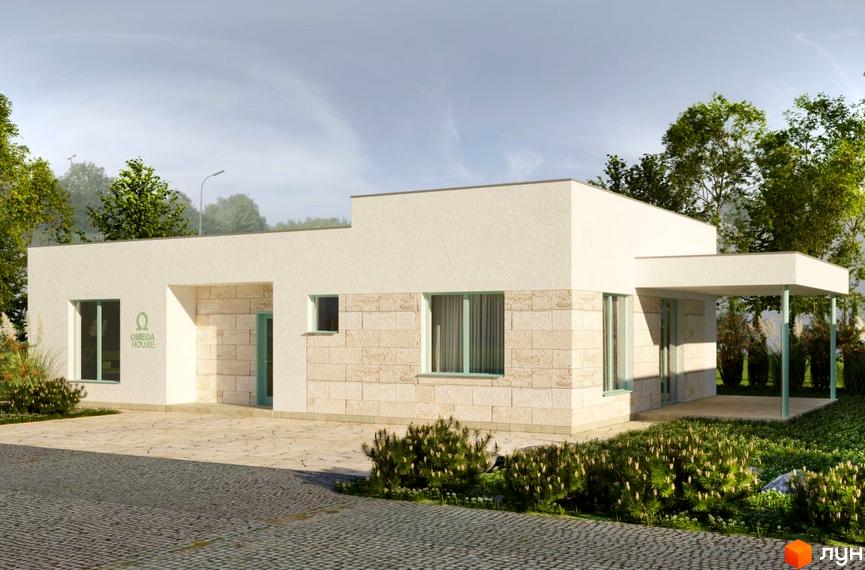 Котеджне містечко Чапаєвка: одноповерховий будинок з білою штукатуркою та кам'яним оздобленням фасаду, зелені вікна та двері, навіс для авто, доглянутий двір з кущами та бруківкою.